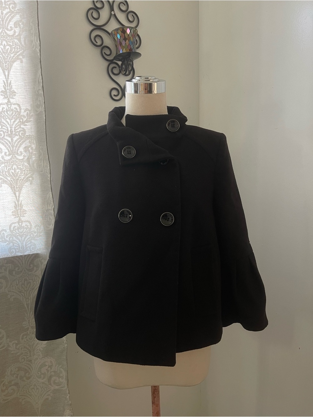 Women's Black Double-Breasted Pea Coat with Stand Collar Sz S